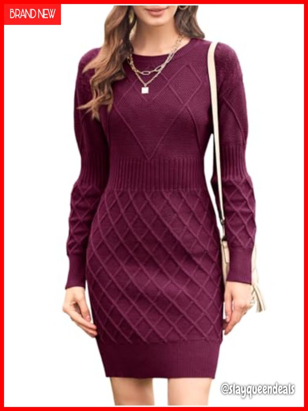 Crewneck Bodycon Sweater Dress Knee-Length Long Sleeve Cable Knit Pullover